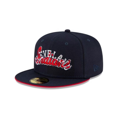 Blue Cleveland Indians Hat - New Era MLB Double Logo 59FIFTY Fitted Caps USA5746982